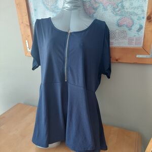 SHEIN Plus Navy Short Sleeve Top with Gold Zipper Ruffle Hem (Peplum) Size 3XL
